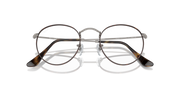 Overlapping front view of round metal prescription eyeglass frames with dark rims