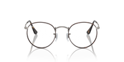 Front view of round metal prescription eyeglass frames with dark rims and rose-gold bridge