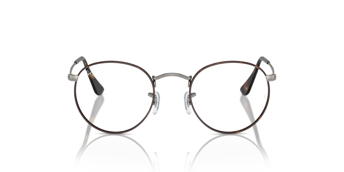 Front view of round metal prescription eyeglass frames with dark rims and rose-gold bridge