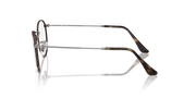 Side angle of round metal prescription eyeglass frames with dark rims and gold-tone hinges