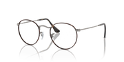 Angle view of round metal prescription eyeglass frames with dark rims and gold-tone temples