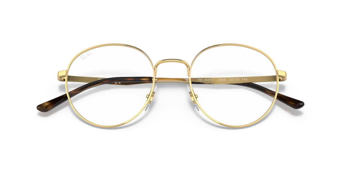 Ray-Ban RX3681V prescription eyeglass frames, gold round lenses with dark tortoise temples