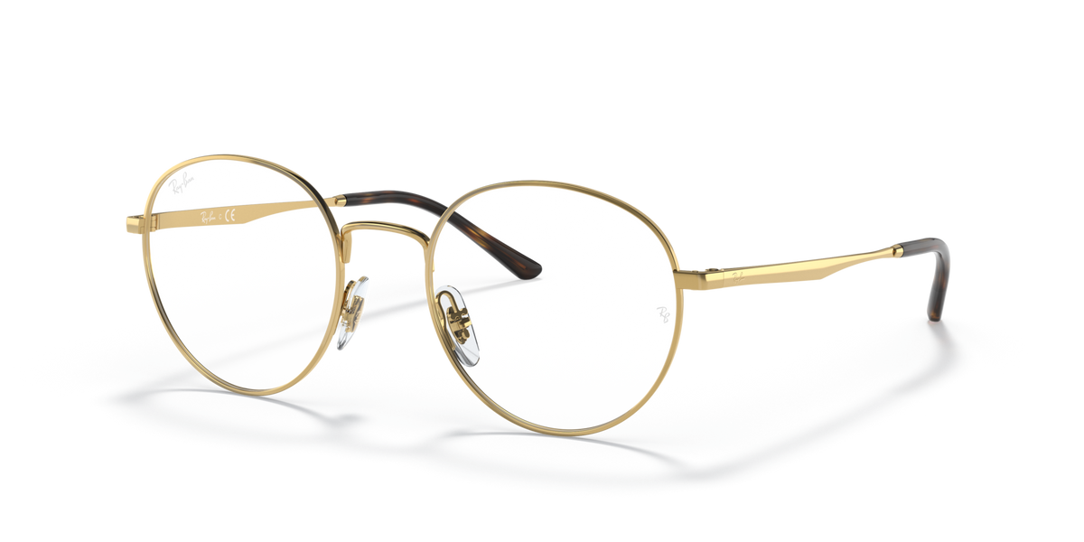 Ray-Ban RX3681V prescription eyeglass frames, gold round metal with brown temple tips