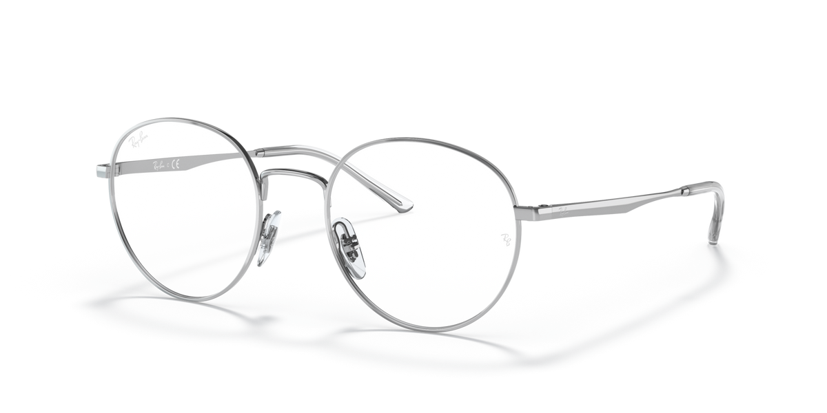 Ray-Ban RX3681V prescription eyeglass frames, silver round metal with clear temple accents