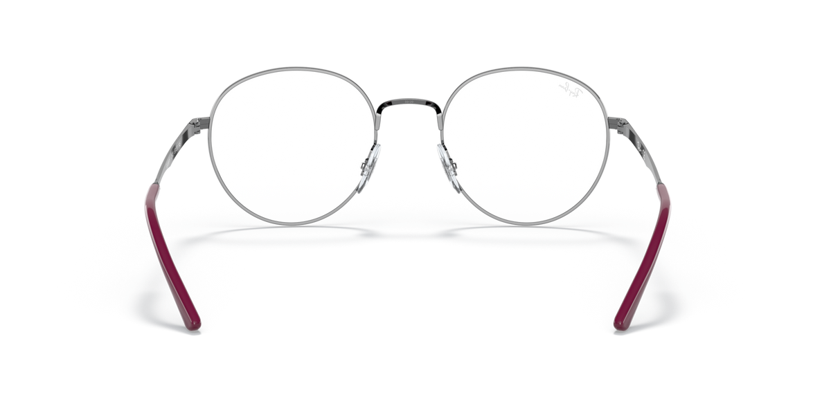 Ray-Ban RX3681V round prescription frames with transparent lenses, dark metal and burgundy temple ends