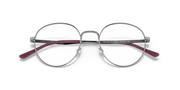 Ray-Ban RX3681V round prescription frames with transparent lenses, silver bridge and burgundy temples