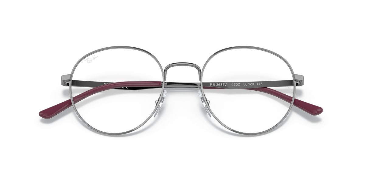 Ray-Ban RX3681V round prescription frames with transparent lenses, silver bridge and burgundy temples