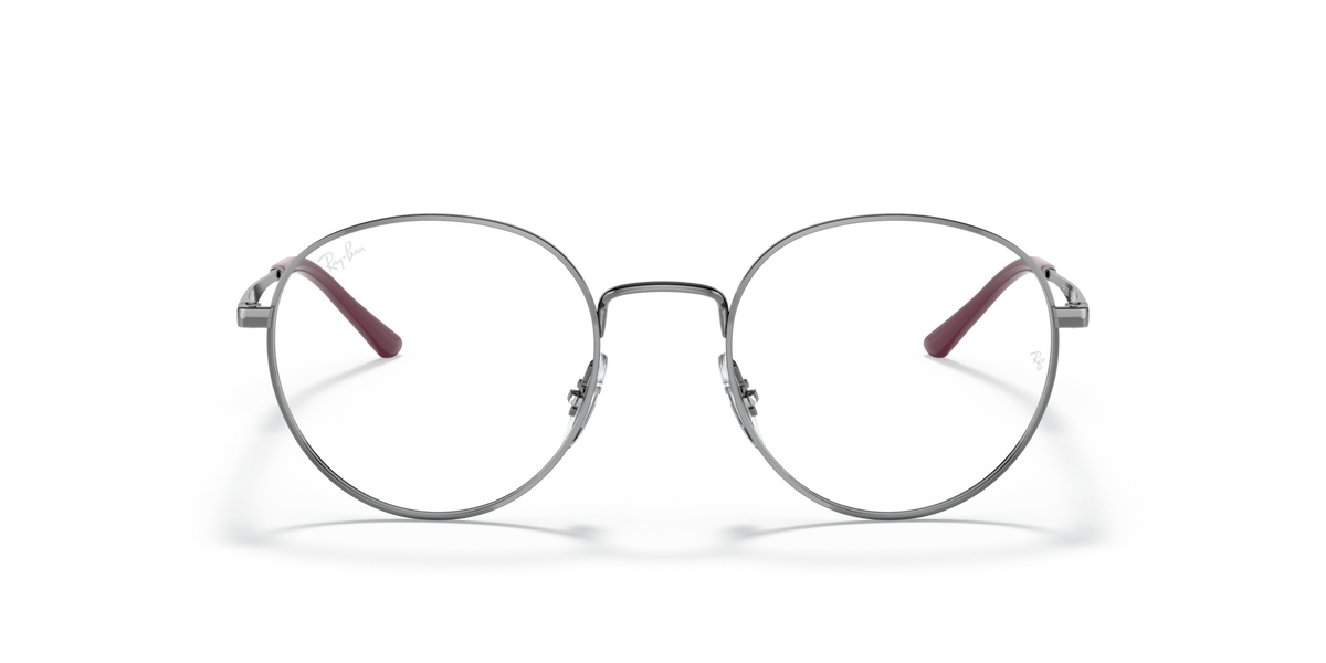 Ray-Ban RX3681V round prescription frames with transparent lenses, silver metal and burgundy tips