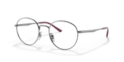 Ray-Ban RX3681V round prescription frames with transparent lenses, dark metal and angled temples