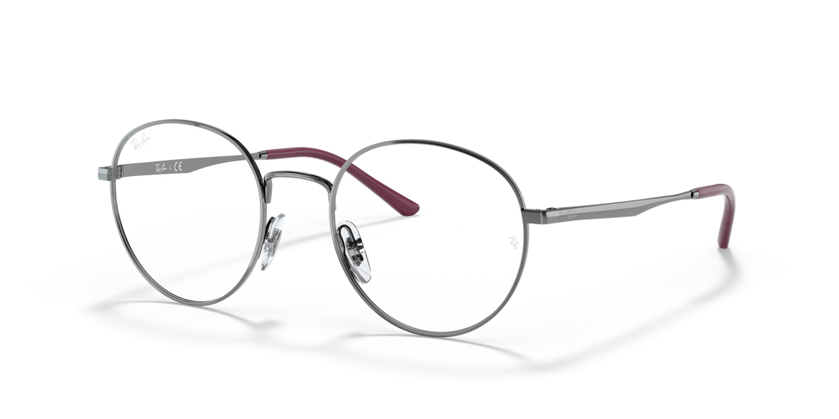 Ray-Ban RX3681V round prescription frames with transparent lenses, dark metal and angled temples