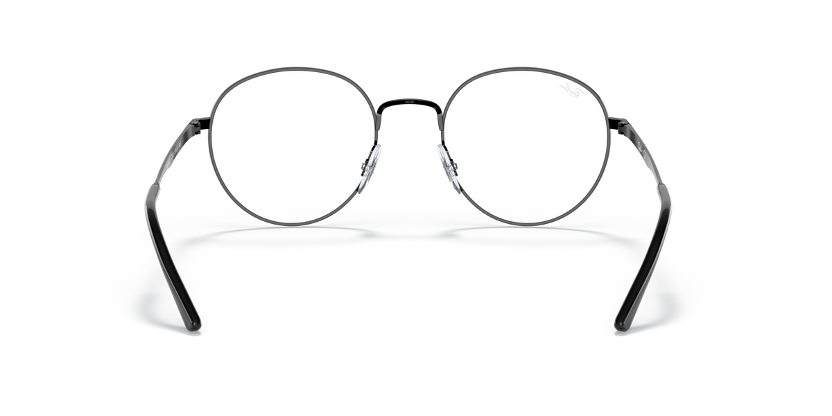 Ray-Ban RX3681V round prescription frames with transparent lenses, dark metal and burgundy temple ends