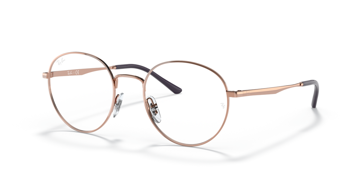 Ray-Ban prescription eyeglass frames with round rose-gold metal and clear lenses