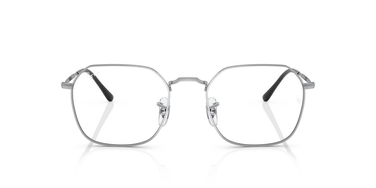 Silver prescription glasses frames with square lenses and dark temple tips