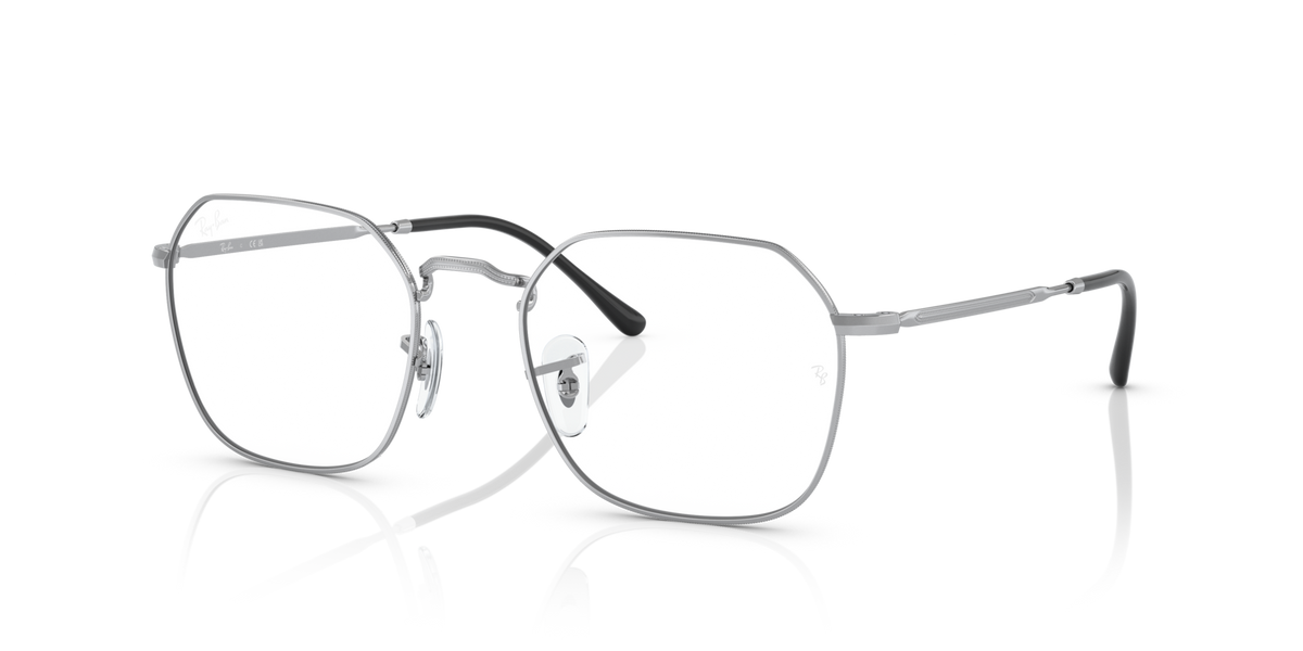 Silver metal prescription eyewear frames with square lenses, angled front view