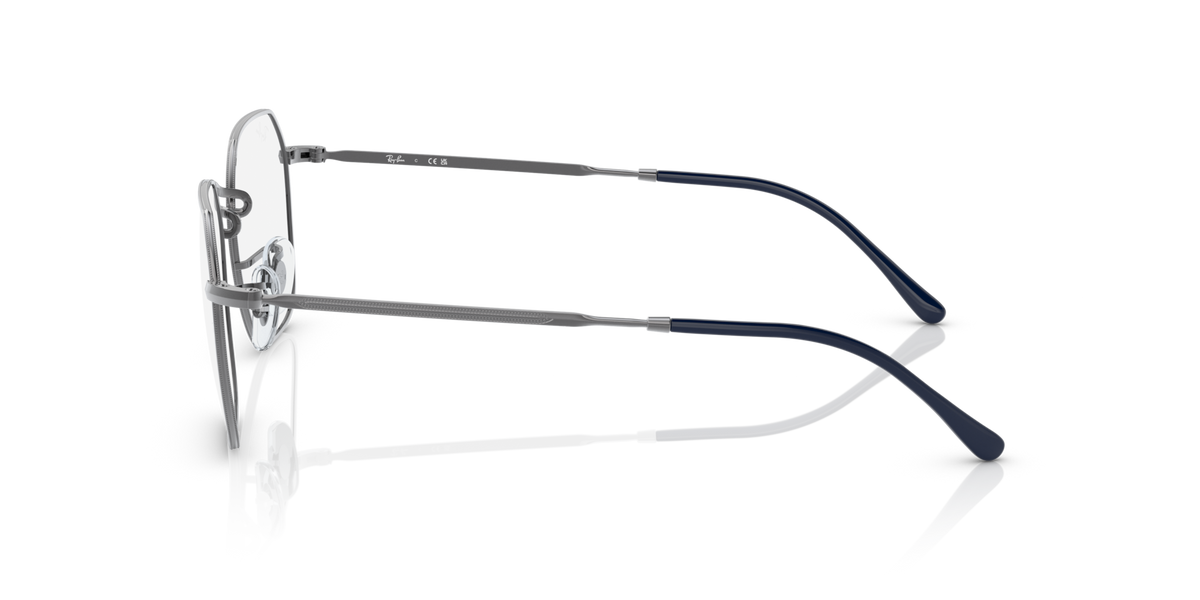 Silver-tone eyeglass frames side view with hinged metal temples and arms