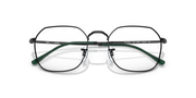 Oval prescription eyewear frames with clear lenses, dark metal rims, green-tinted arms