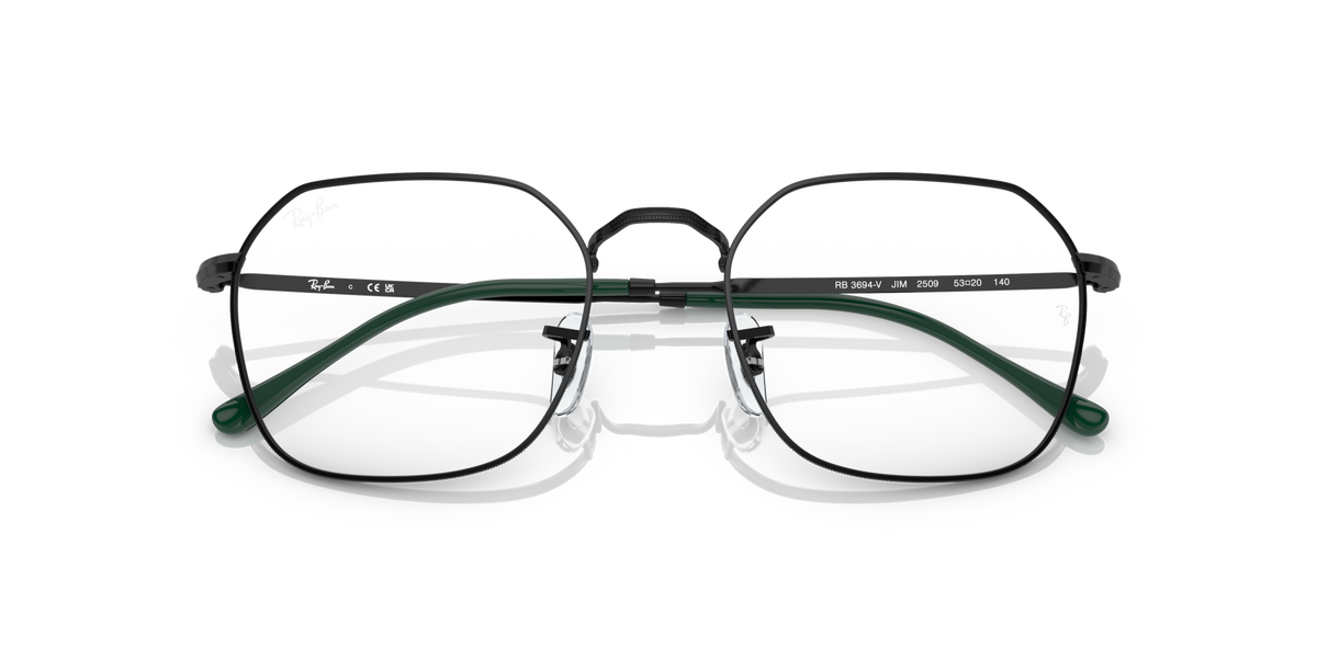 Oval prescription eyewear frames with clear lenses, dark metal rims, green-tinted arms