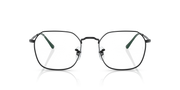 Gunmetal-tone rectangular eyeglass frames with green-tinted temple accents