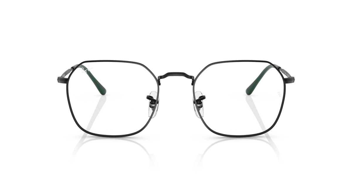 Gunmetal-tone rectangular eyeglass frames with green-tinted temple accents