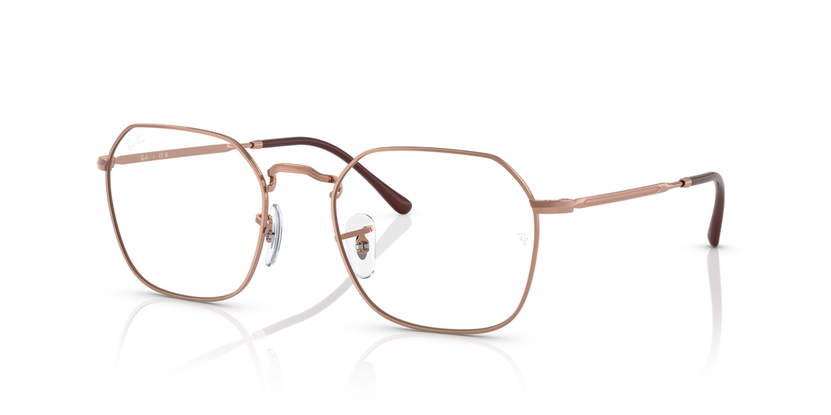 Oval prescription eyewear frames with clear lenses, rose-gold metal, angular temples