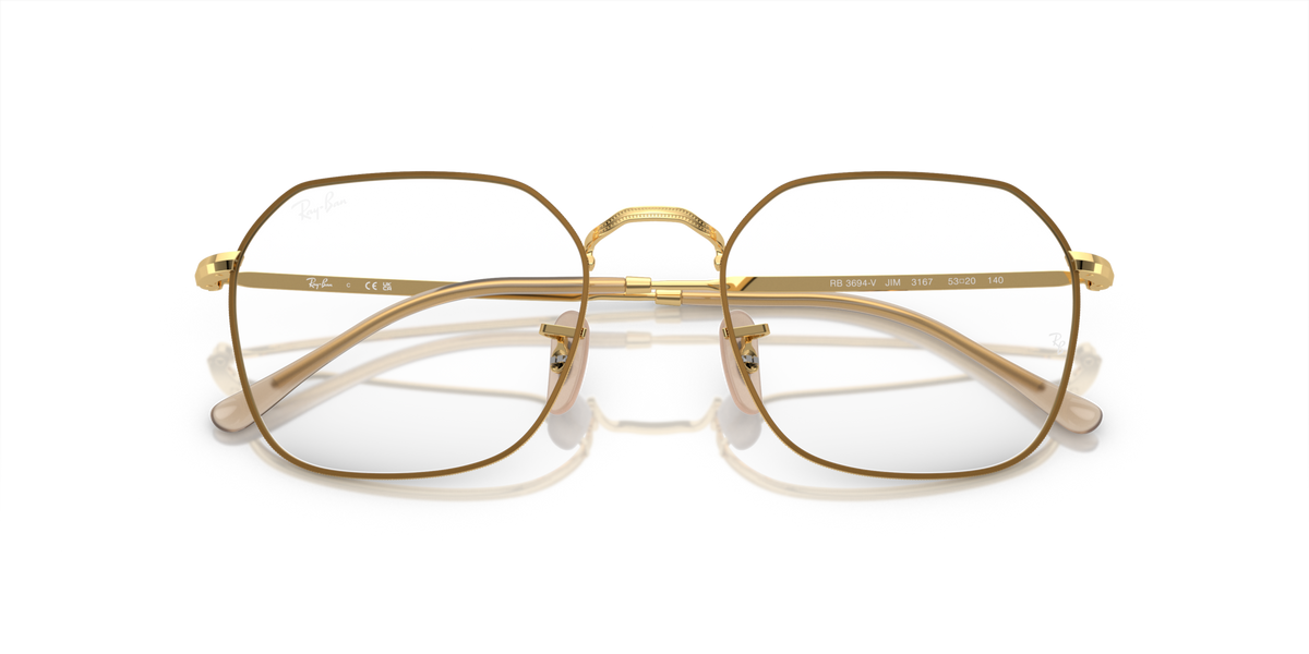 Gold-tone prescription eyewear frames, front view with bar bridge and curved temples