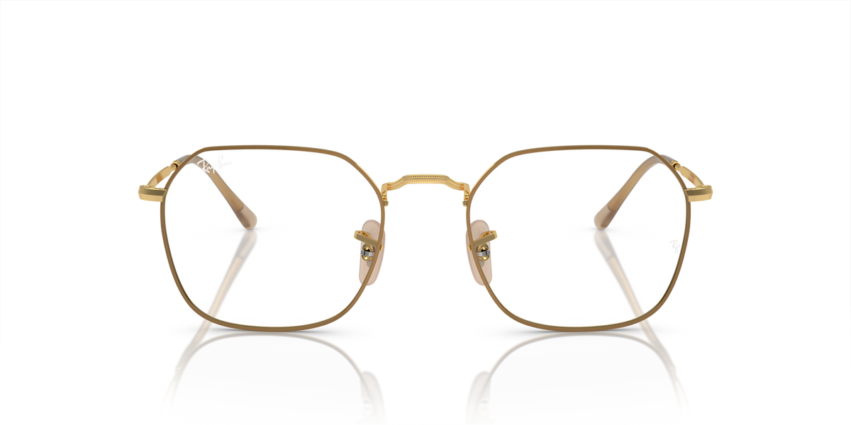 Gold-tone square prescription eyewear frames with clear lenses and hinge details