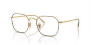 Gold oval prescription eyewear frames with clear lenses, side arms and hinge detail