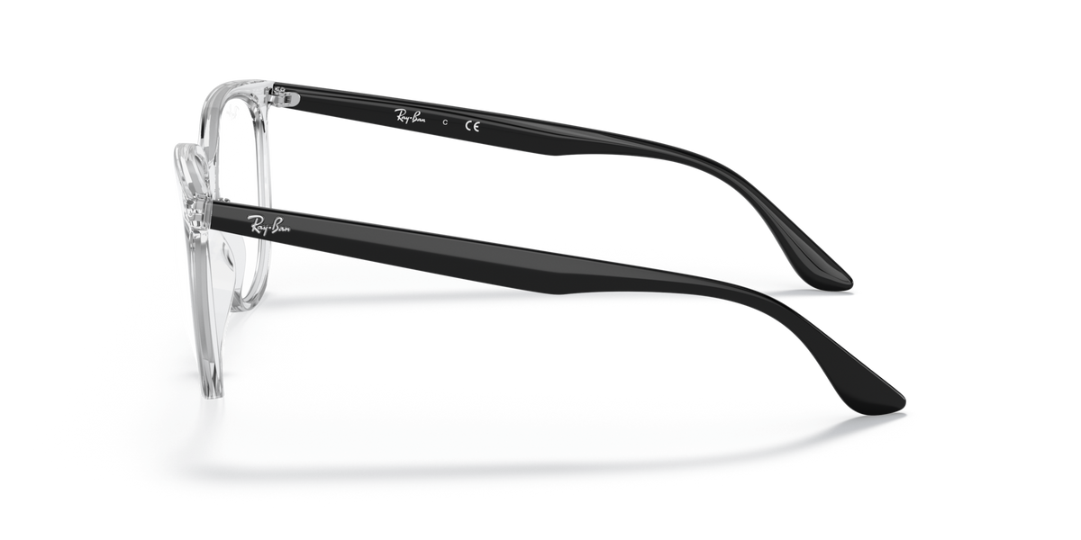 Ray-Ban prescription eyewear frames, transparent grey side profile with metal hinges