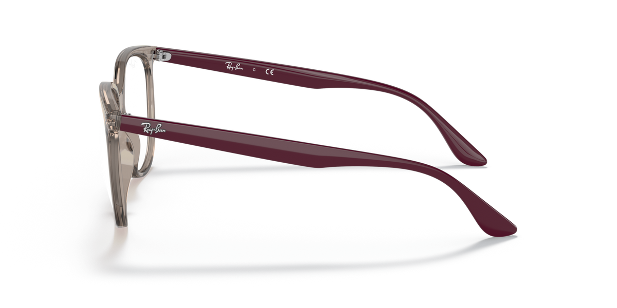 Ray-Ban RX4378V prescription eyeglass frames, side view; light brown frame with maroon temple