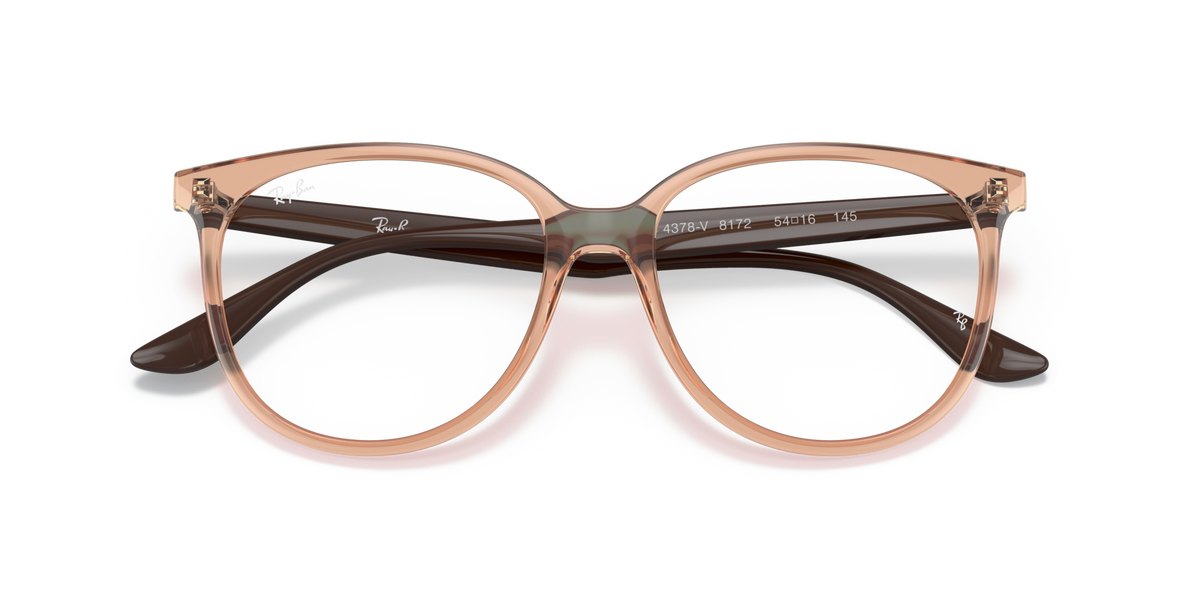 Ray-Ban RX4378V prescription eyeglass frames, front view; light brown with dark maroon temples