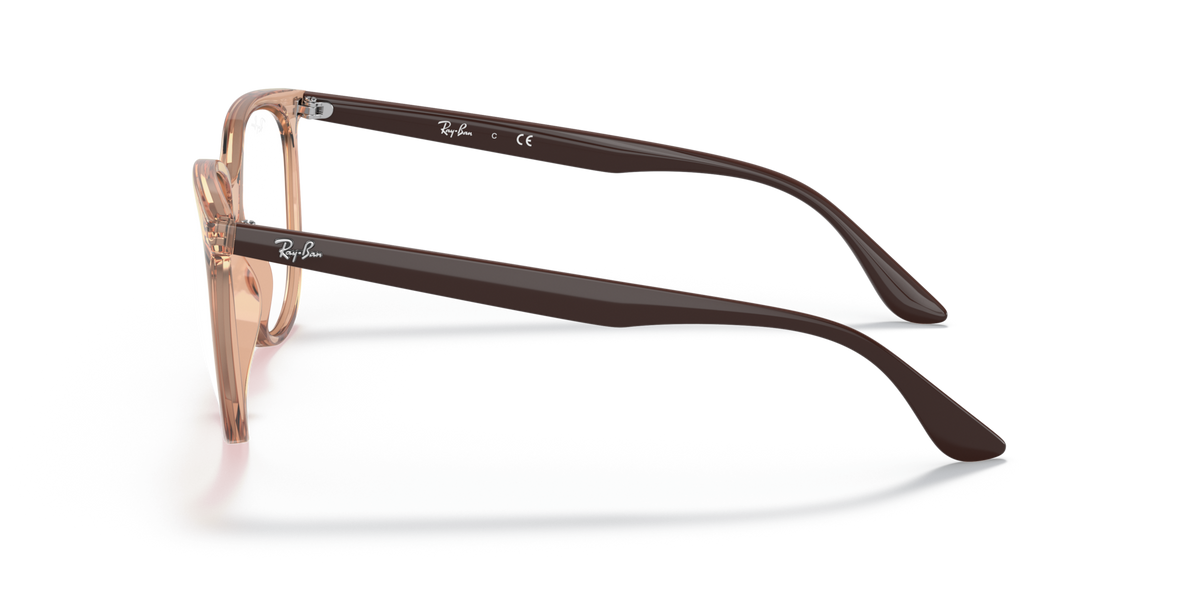 Ray-Ban RX4378V prescription eyeglass frames, side profile; light brown frame with maroon arm