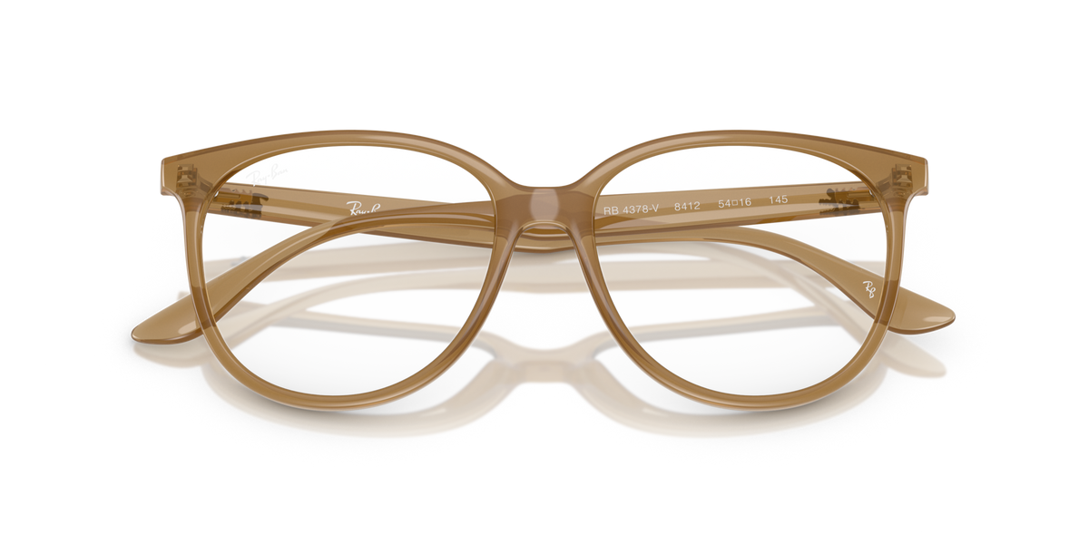 Ray-Ban light brown eyeglass frames, angled view showing bridge and hinges