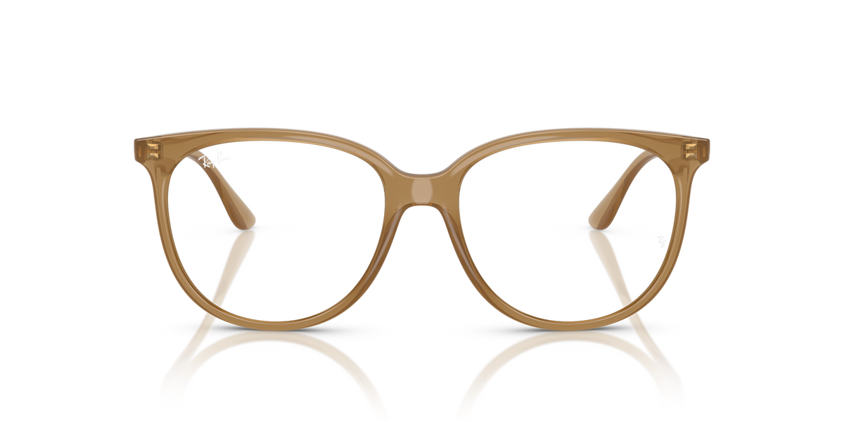 Ray-Ban oval eyeglass frames, light brown translucent front view