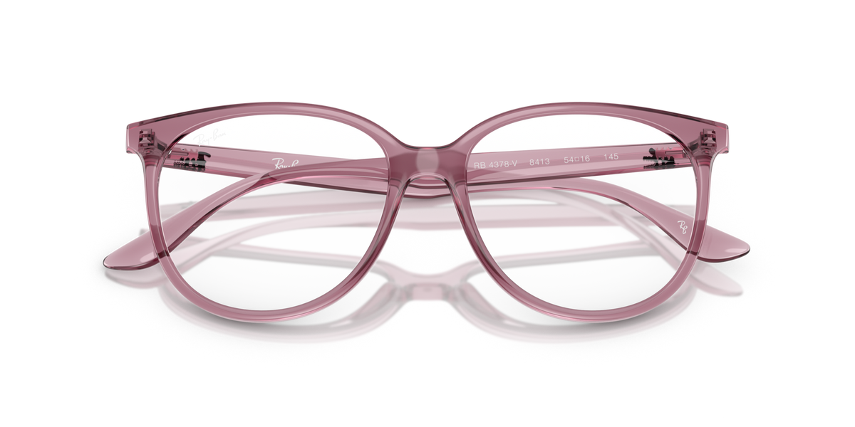 Ray-Ban light purple eyeglass frames, angled view showing bridge and hinges