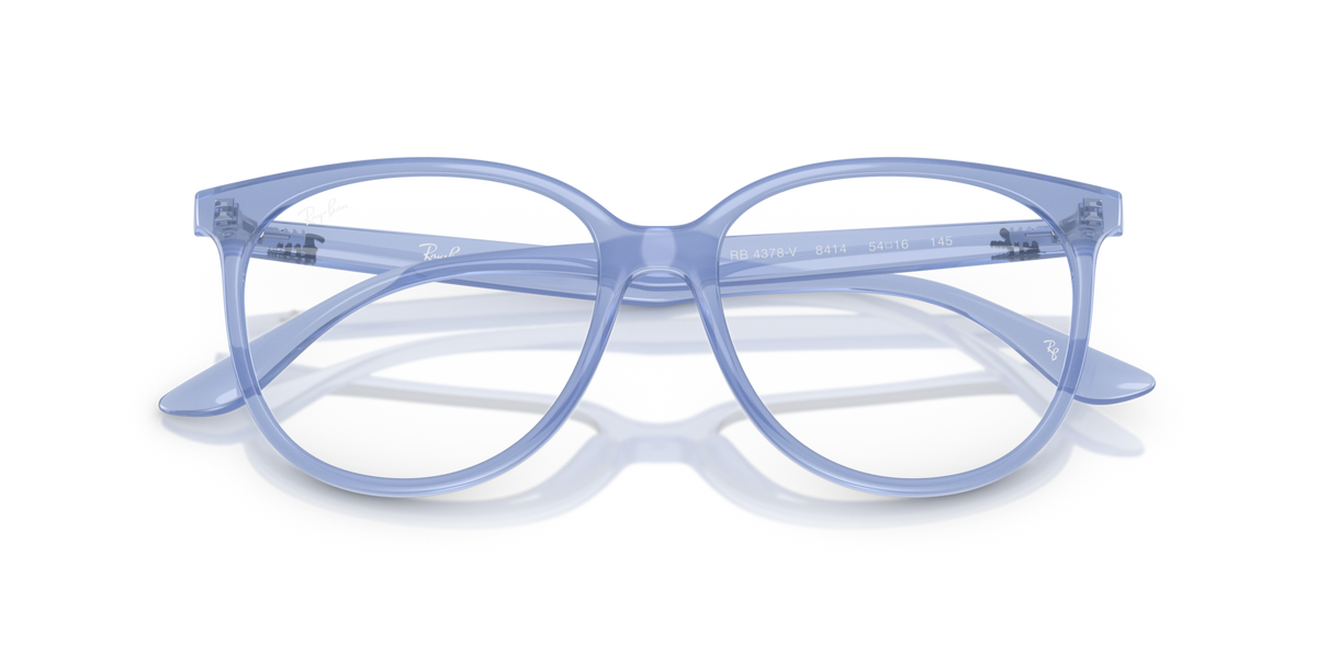 Ray-Ban RX4378V prescription eyeglass frames, light blue translucent front side angle