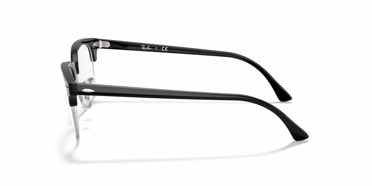 Black Clubmaster eyeglass frames, side profile with metal temples