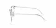 Clear Clubmaster eyeglass frames, side profile with transparent temples