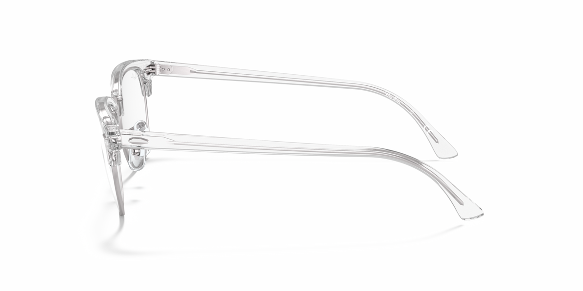 Clear Clubmaster eyeglass frames, side profile with transparent temples