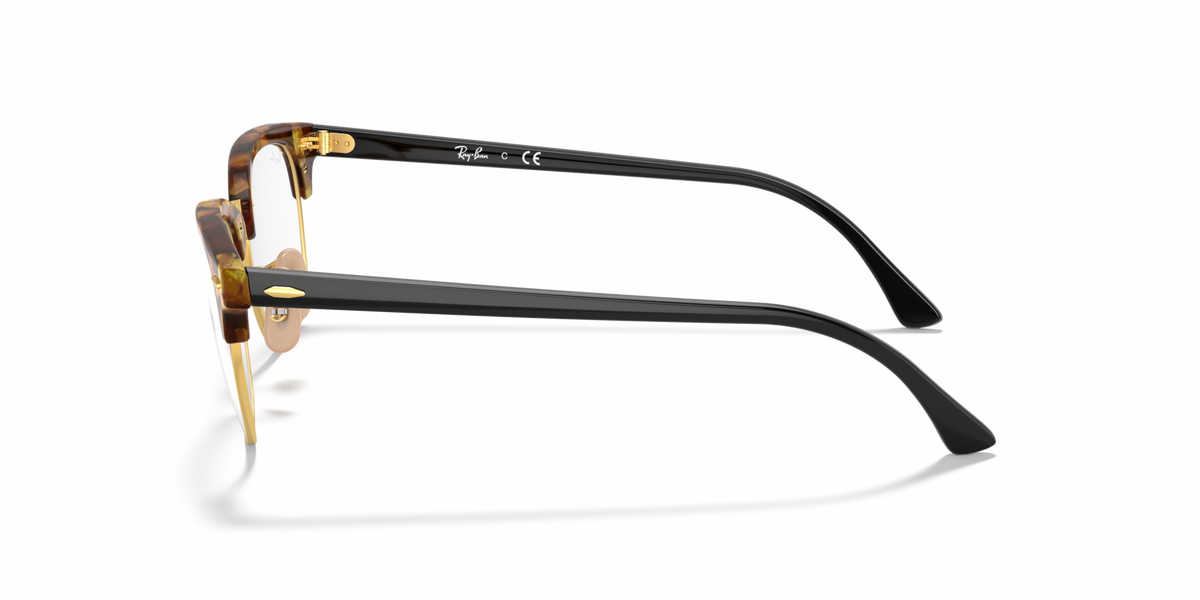 Eyeglass frames side view with dark acetate front and gold-tone hinge accents