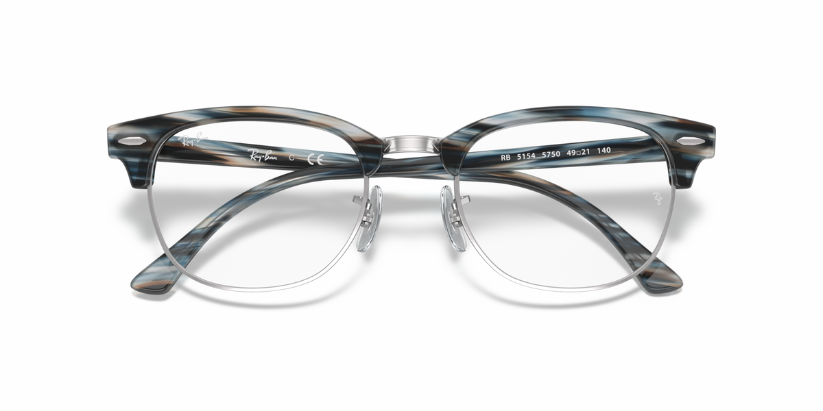 Eyeglass frames front view with dark blue-gray patterned acetate and clear lenses