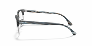 Eyeglass frames side view with translucent blue-gray patterned acetate temples