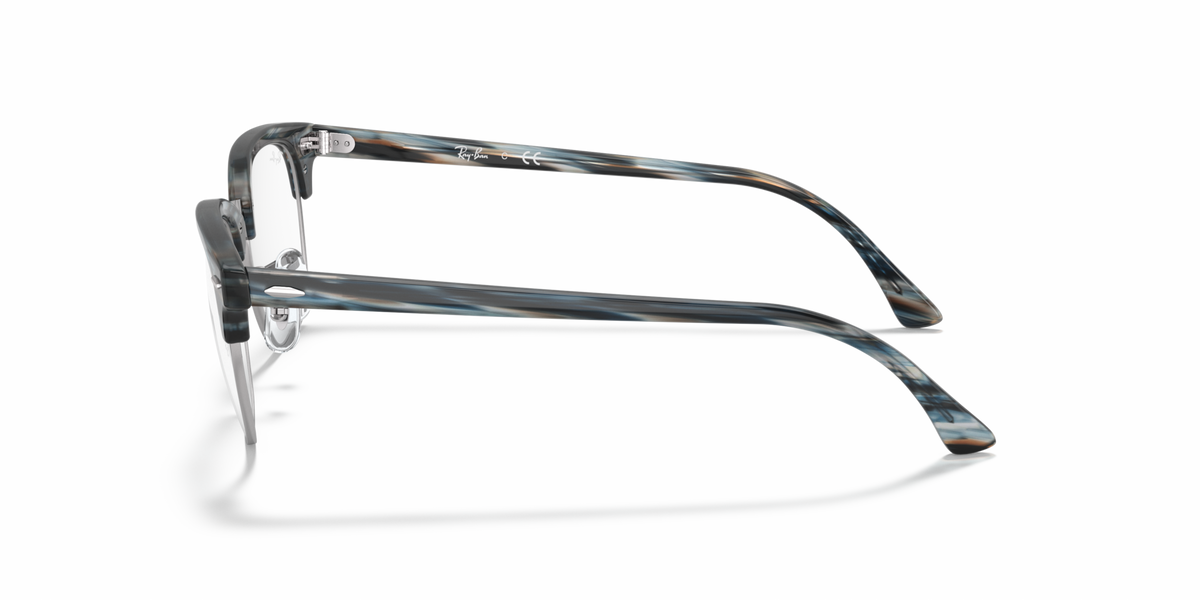 Eyeglass frames side view with translucent blue-gray patterned acetate temples