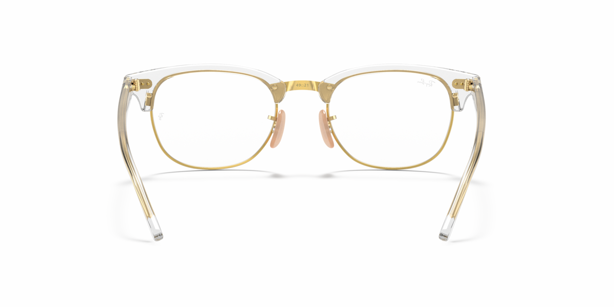 Gold-tone clubmaster eyeglass frames with clear lenses, front view