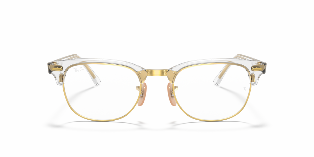 Gold-tone clubmaster eyeglass frames with clear lenses and metal bridge