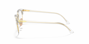 Gold-tone eyeglass frames shown from the side with clear lenses