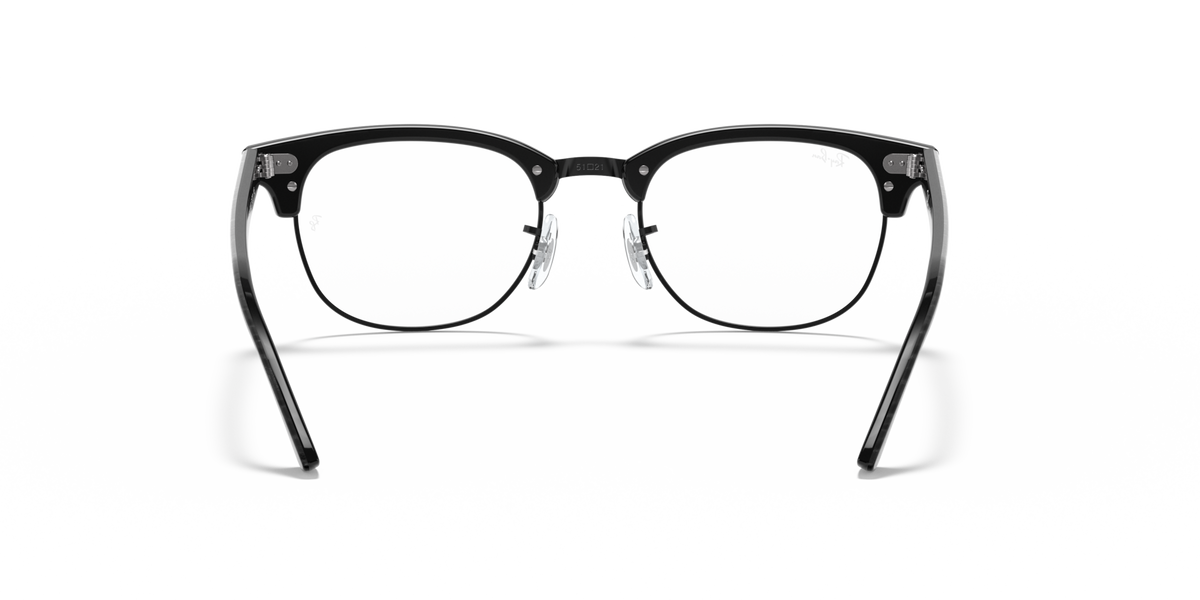 Black eyeglass frames with clear lenses, front view