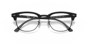 Black eyeglass frames with clear lenses and temple branding/CE markings