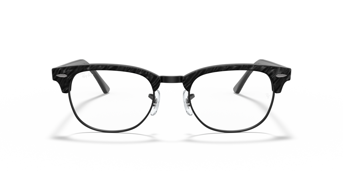 Matte black clubmaster eyeglass frames with clear lenses