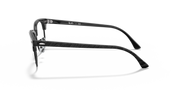 Matte black eyeglass frames shown from the side with clear lenses