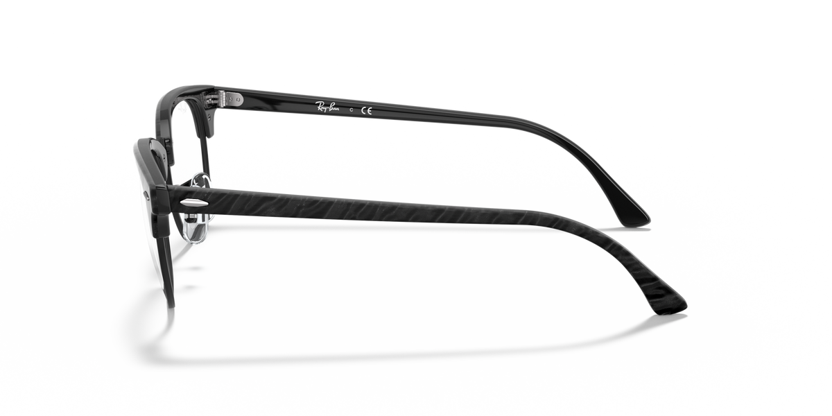 Matte black eyeglass frames shown from the side with clear lenses